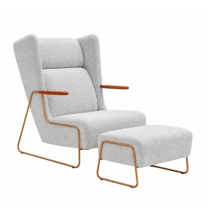 Poltrona Com Puff Amélie Decorativa Bouclé Com Pés Retos Cinza Sallar Home