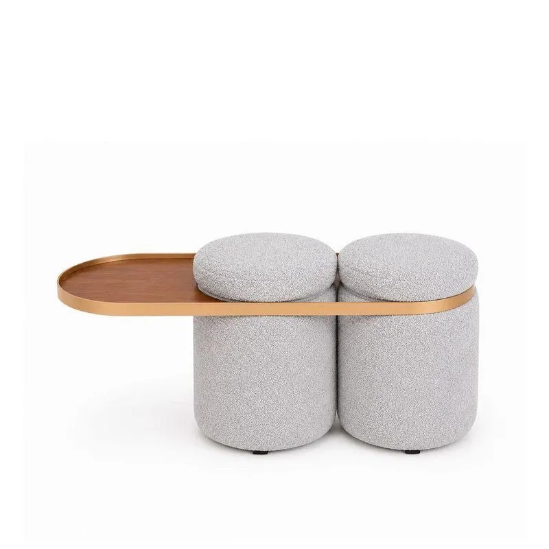 Puff Linen 2 Lugares Redondo Bouclé Revestimento Sintético Cinza Com Mesa Auxiliar Sallar Home