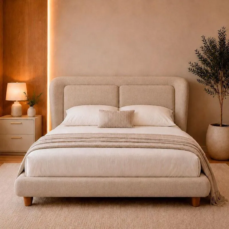 Cama Japonesa Casal Haru Com Cabeceira Madeira Linho Bege Sallar Home