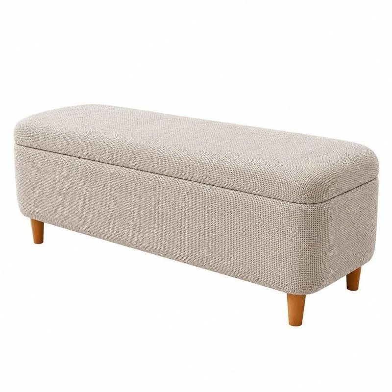 Puff Baú Bella Retangular Assento Espuma Revestimento Linho Bege 90cm Sallar Home