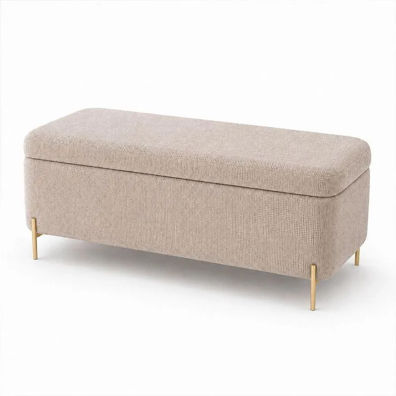 Puff Baú Bella Reto Linho Bege Com Pés Aço Dourado Sallar Home 90cm