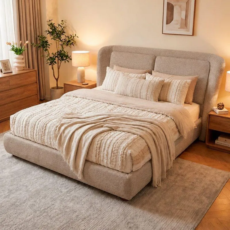 Cama Japonesa Queen Seo com Cabeceira Blind Madeira Linho Bege Sallar Home 174CM
