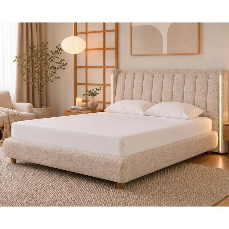 Cama Japonesa Casal Seo-yeon Com Cabeceira Em Led Madeira Linho Bege Sallar Home