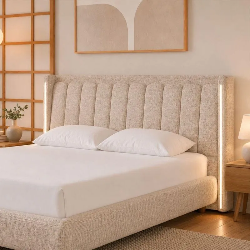 Cabeceira Casal Yeon Estofada Madeira Maciça Linho Bege com LED Sallar Home 160CM