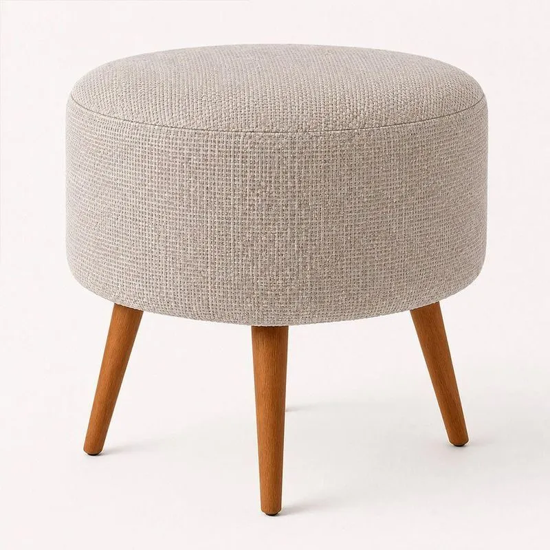 Puff Redondo Yuna Torneado Assento Espuma Linho Bege 40cm Sallar Home
