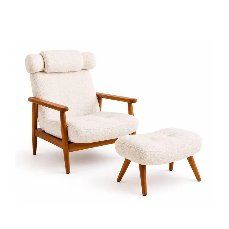 Kit Poltrona Com Puff Lira Fixo Bouclé Confortável Off White Sallar Home