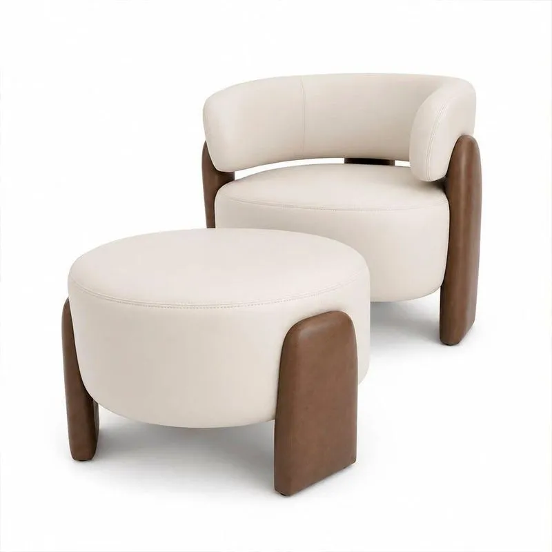 Poltrona Com Puff Argo Courino Confortável Marrom E Off White Sallar Home