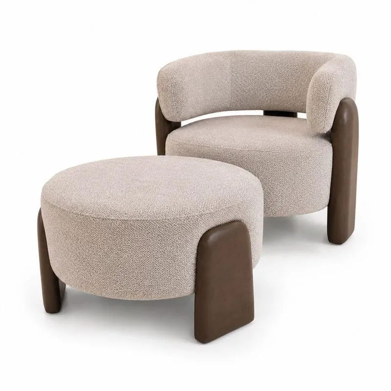 Poltrona Com Puff Argo Decorativa Courino Com Pés Palito Marrom E Bege Sallar Home