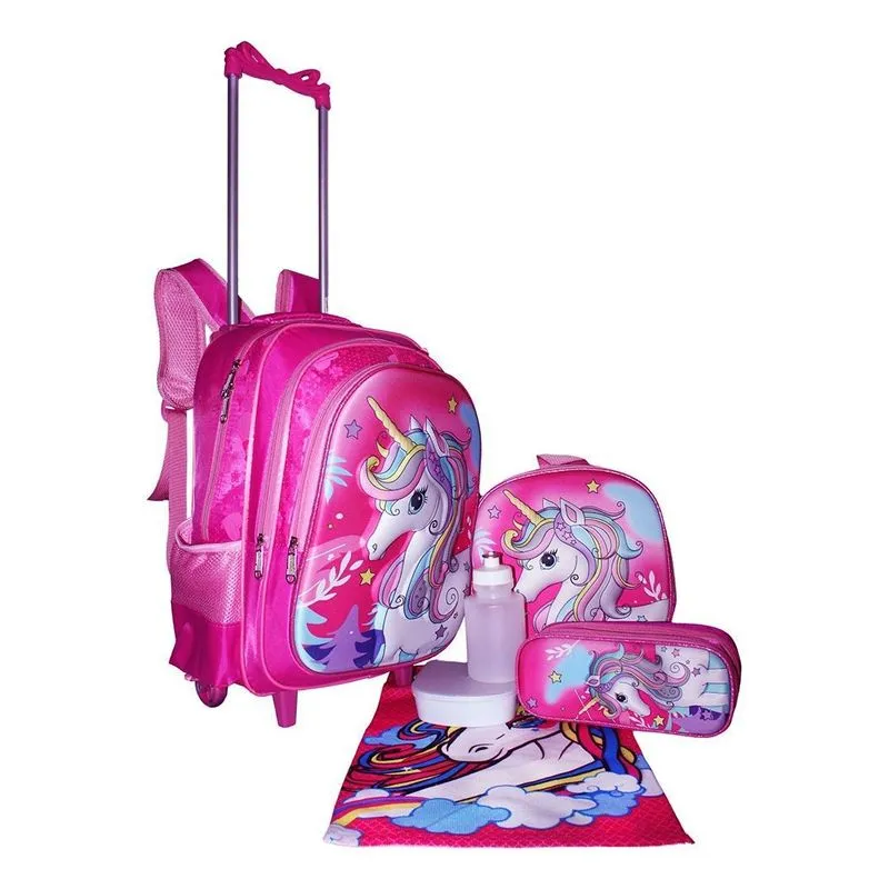 Kit Mochila Unicórnio Infantil Feminina 3d Rodinha