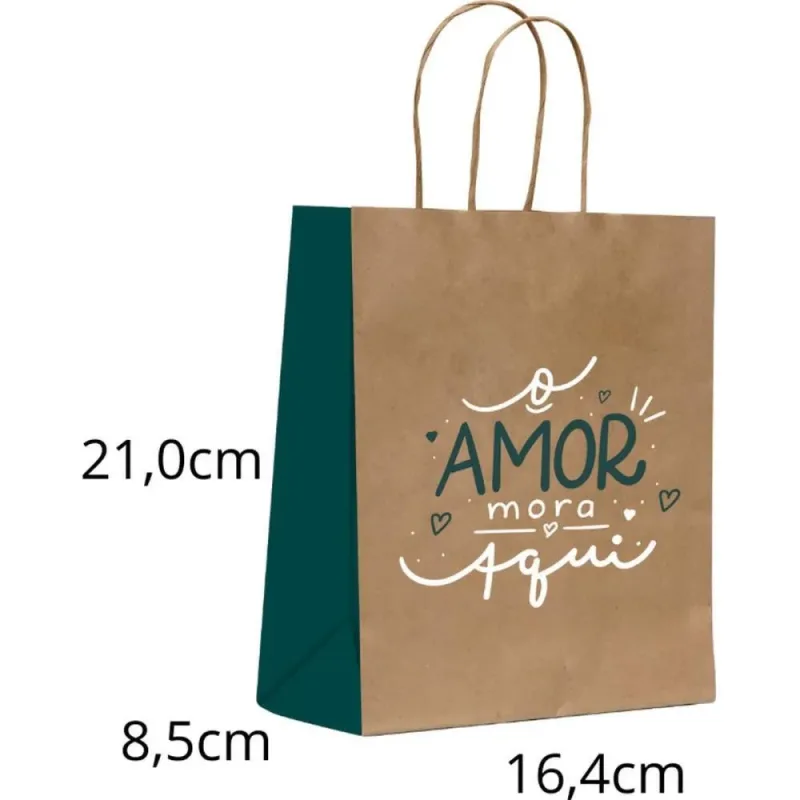 Sacola para Presente Decorada AMOR Mora Aqui P 16,4X21X8,5CM PCT.C/10