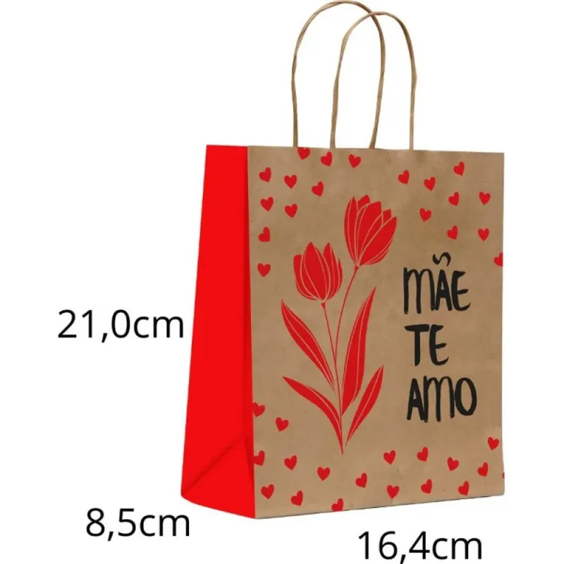 Sacola para Presente Decorada Mae TE AMO PQ 16,4X21X8,5CM PCT.C/10