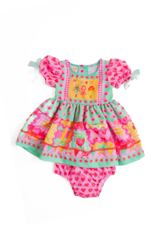 Vestido Baby Junino e Calcinha Festa Balancê Verde e Rosa Alphabeto