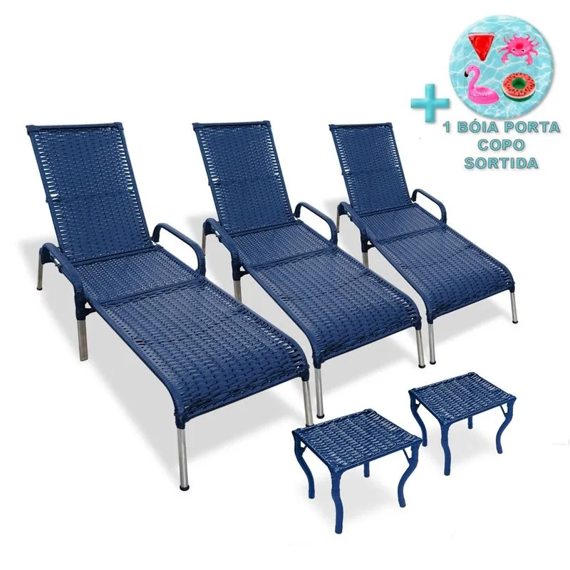 Kit 3 Espreguiçadeiras Madrid com 2 Mesas p Piscina + Brinde