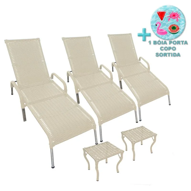 Kit 3 Espreguiçadeiras Madrid com 2 Mesas p Piscina + Brinde