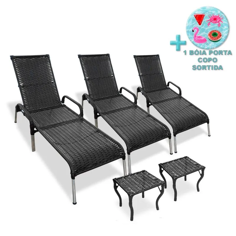 Kit 3 Espreguiçadeiras Madrid com 2 Mesas p Piscina + Brinde
