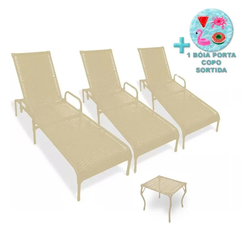 Kit 3 Espreguiçadeiras para Piscina Catar e Mesa + Brinde