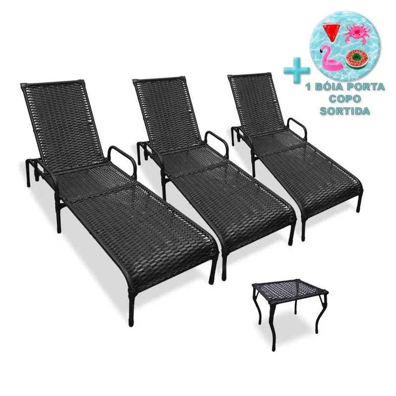 Kit 3 Espreguiçadeiras para Piscina Catar e Mesa + Brinde