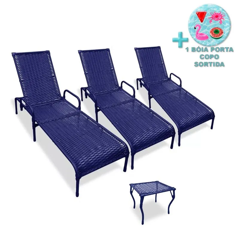 Kit 3 Cadeiras Reclináveis p/ Piscina Catar e Mesa + Brinde