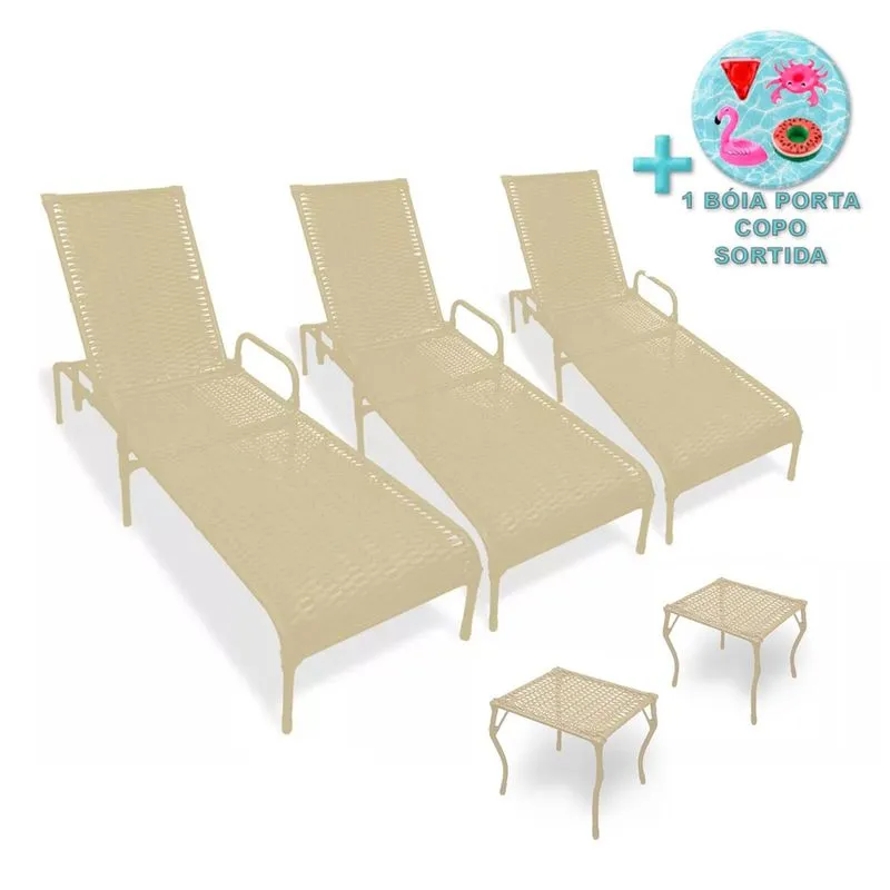 Kit 3 Espreguiçadeiras para Piscina Catar e 2 Mesas + Brinde