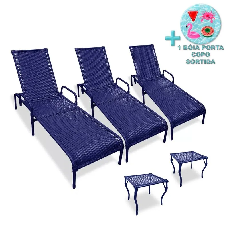 Kit 3 Espreguiçadeiras para Piscina Catar e 2 Mesas + Brinde