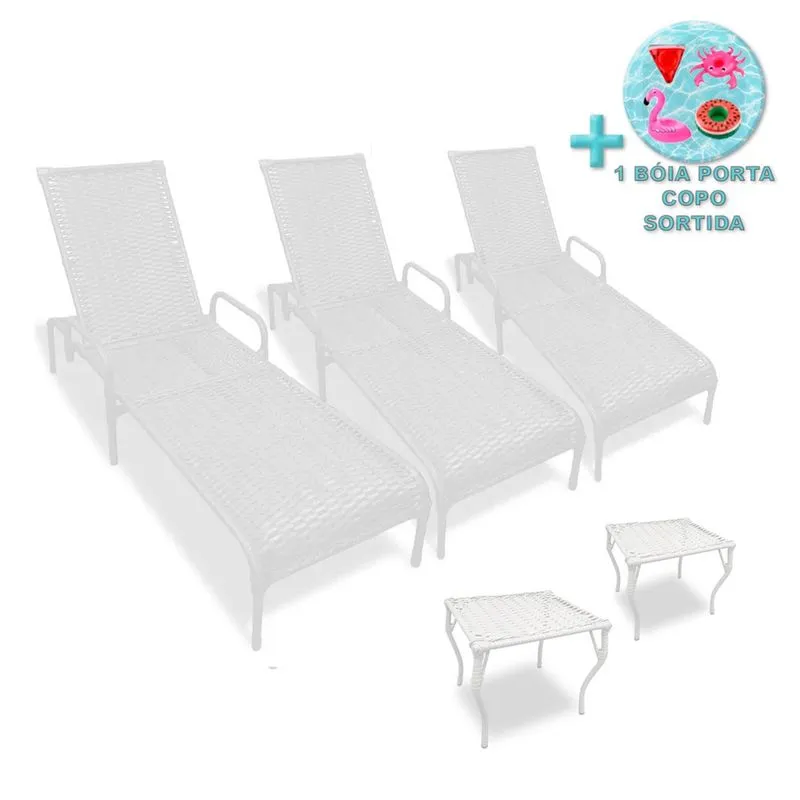 Kit 3 Espreguiçadeiras para Piscina Catar e 2 Mesas + Brinde
