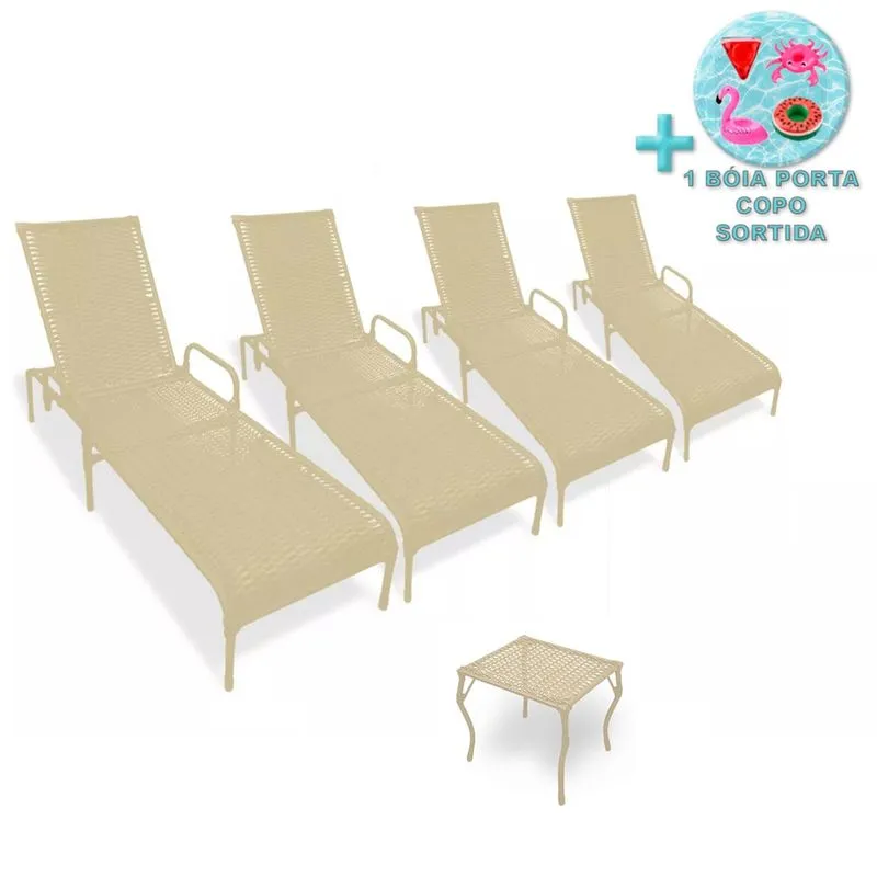 Kit 4 Espreguiçadeiras para Piscina Catar e Mesa + Brinde