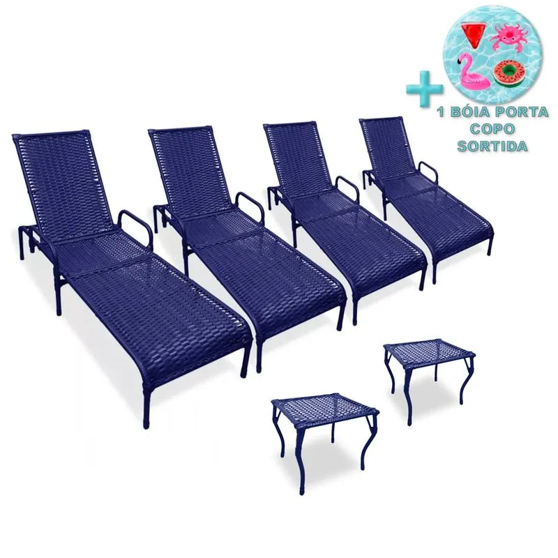 Kit 4 Espreguiçadeiras para Piscina Catar e 2 Mesas + Brinde