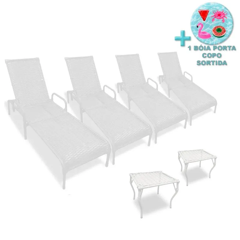 Kit 4 Espreguiçadeiras para Piscina Catar e 2 Mesas + Brinde