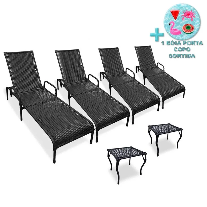 Kit 4 Espreguiçadeiras para Piscina Catar e 2 Mesas + Brinde