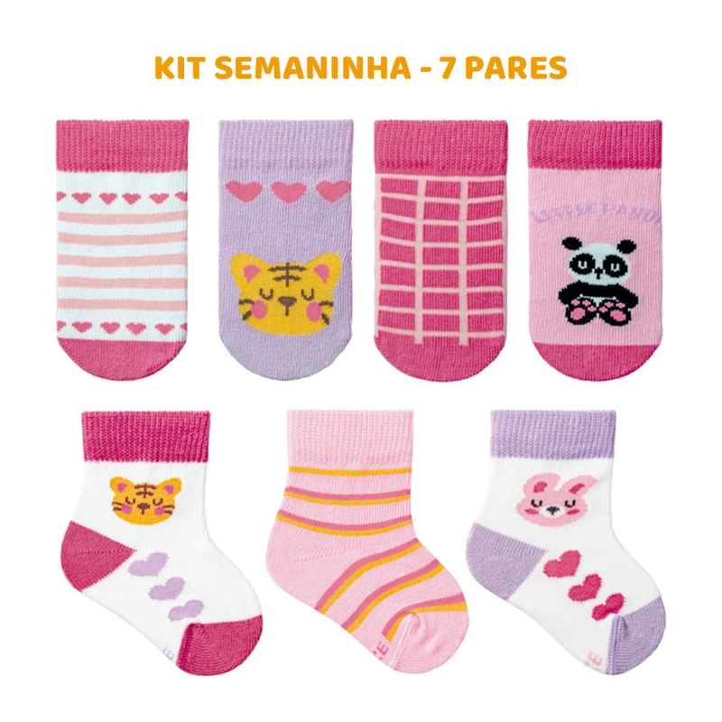 Kit Semaninha 7 Pares Meia Bebê RN Leke - Feminino 0-4 / Menina