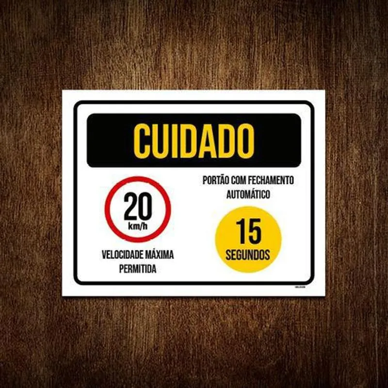 Placa Sinalização - Cuidado 20 Km H 15 Segundos 36x46