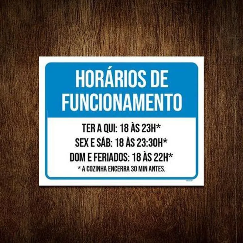Placa Azul Horários De Funcionamento Terça Quinta 18X23