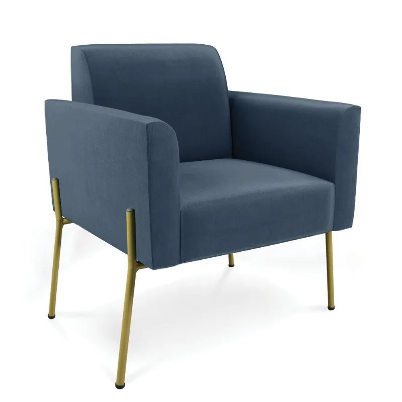 Poltrona Pé De Ferro Dourado Decorativa Marisa Suede Azul Marinho D03