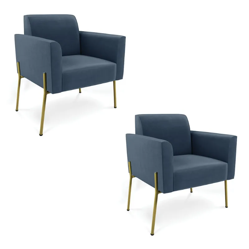 Poltrona Pé de Ferro Dourado Decorativa Kit 2 Marisa Suede D03 - D'Rossi Azul Marinho