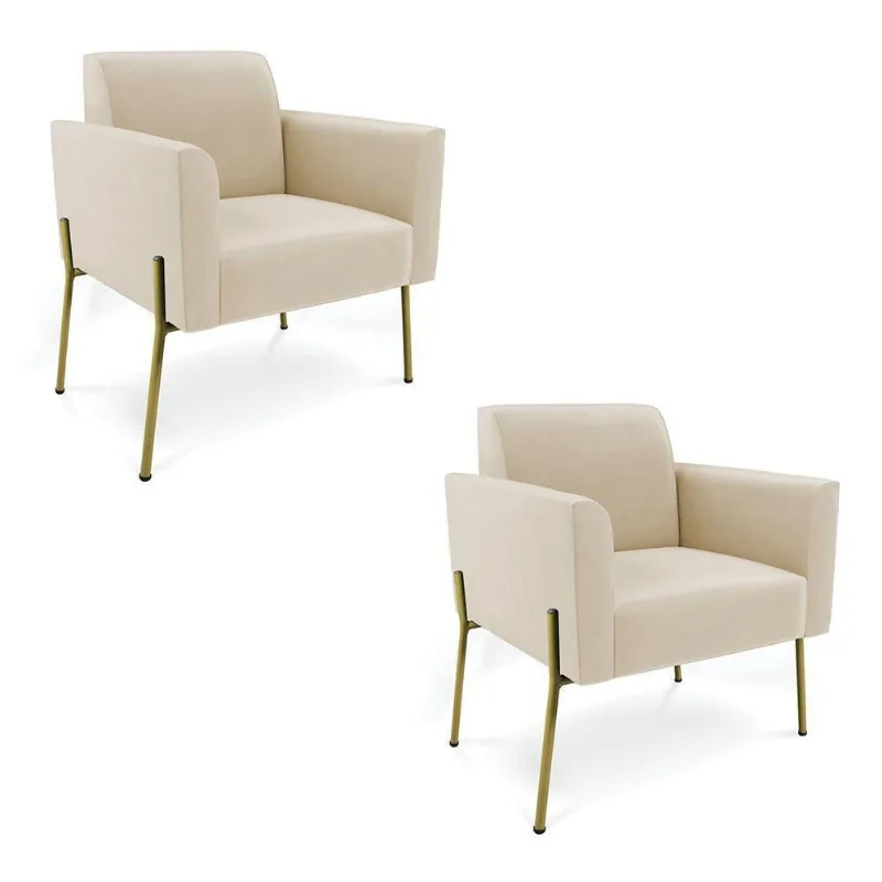 Poltrona Pé De Ferro Dourado Decorativa Kit 2 Marisa Suede Bege D03 - D'rossi