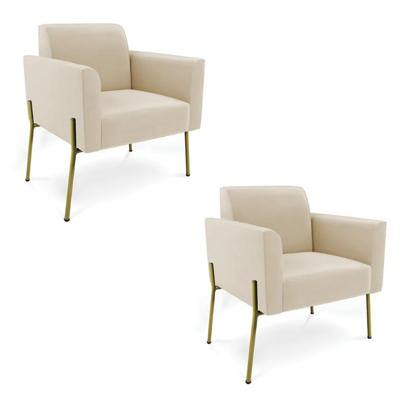 Poltrona Pé de Ferro Dourado Decorativa Kit 2 Marisa Suede D03 - D'Rossi Bege