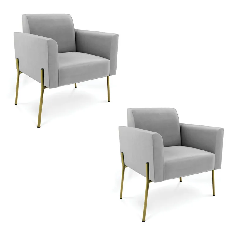 Poltrona Pé de Ferro Dourado Decorativa Kit 2 Marisa Suede D03 - D'Rossi Cinza