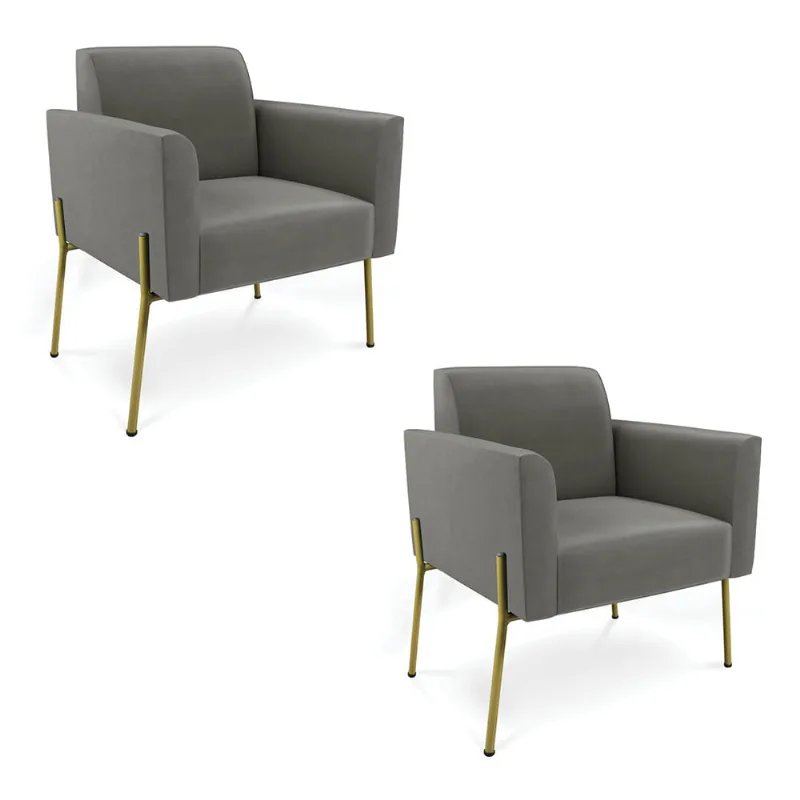 Poltrona Pé de Ferro Dourado Decorativa Kit 2 Marisa Suede D03 - D'Rossi Grafite