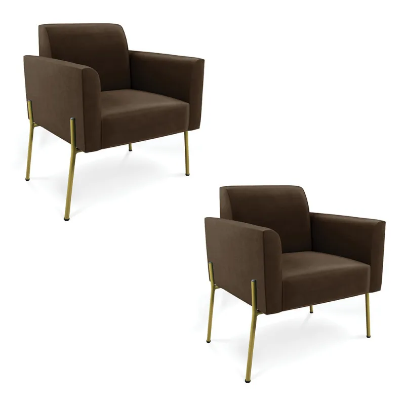 Poltrona Pé de Ferro Dourado Decorativa Kit 2 Marisa Suede D03 - D'Rossi Marrom