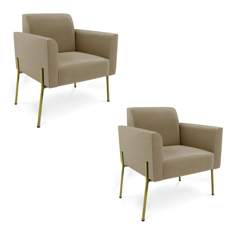 Poltrona Pé de Ferro Dourado Decorativa Kit 2 Marisa Suede D03 - D'Rossi Marrom Rato
