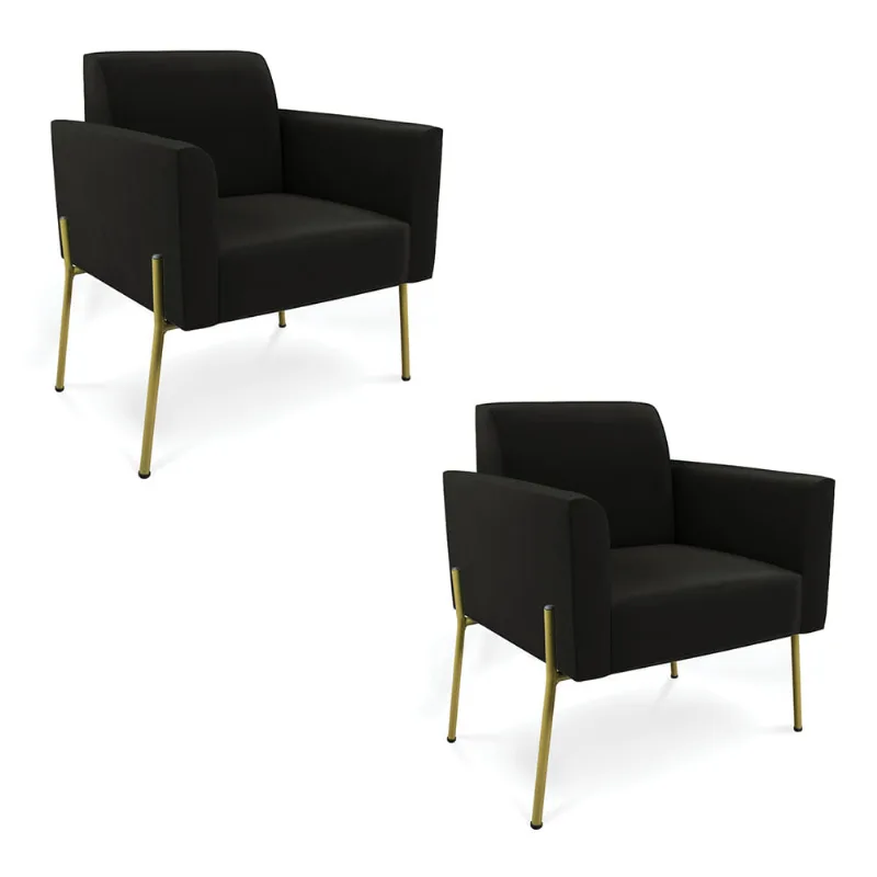 Poltrona Pé de Ferro Dourado Decorativa Kit 2 Marisa Suede Preto D03 - D'Rossi
