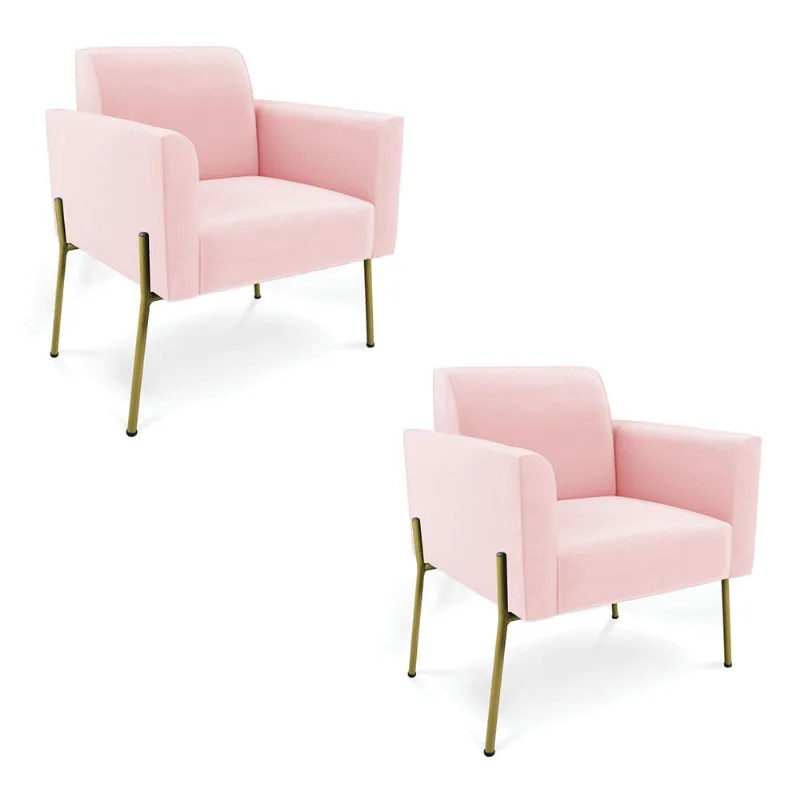 Poltrona Pé de Ferro Dourado Decorativa Kit 2 Marisa Suede D03 - D'Rossi Rosa Bebê