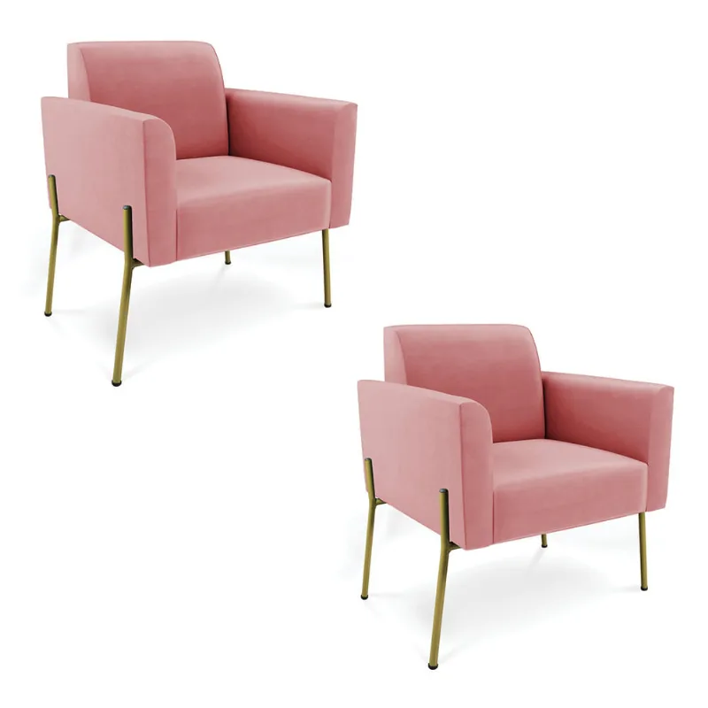 Poltrona Pé de Ferro Dourado Decorativa Kit 2 Marisa Suede D03 - D'Rossi Rose