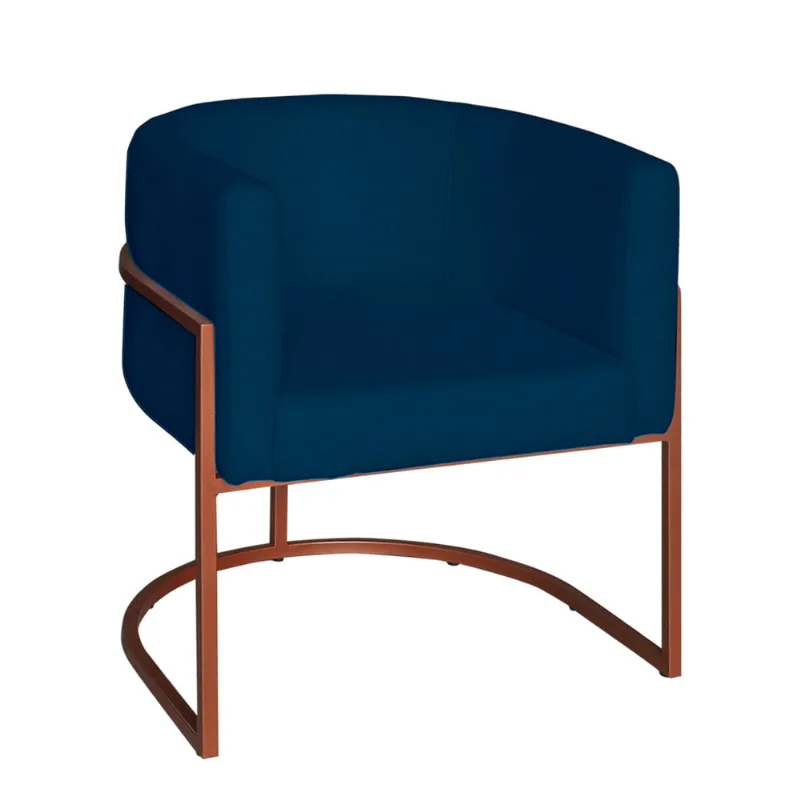 Poltrona Base Industrial Bronze Sala de Estar Lety Veludo Azul Marinho