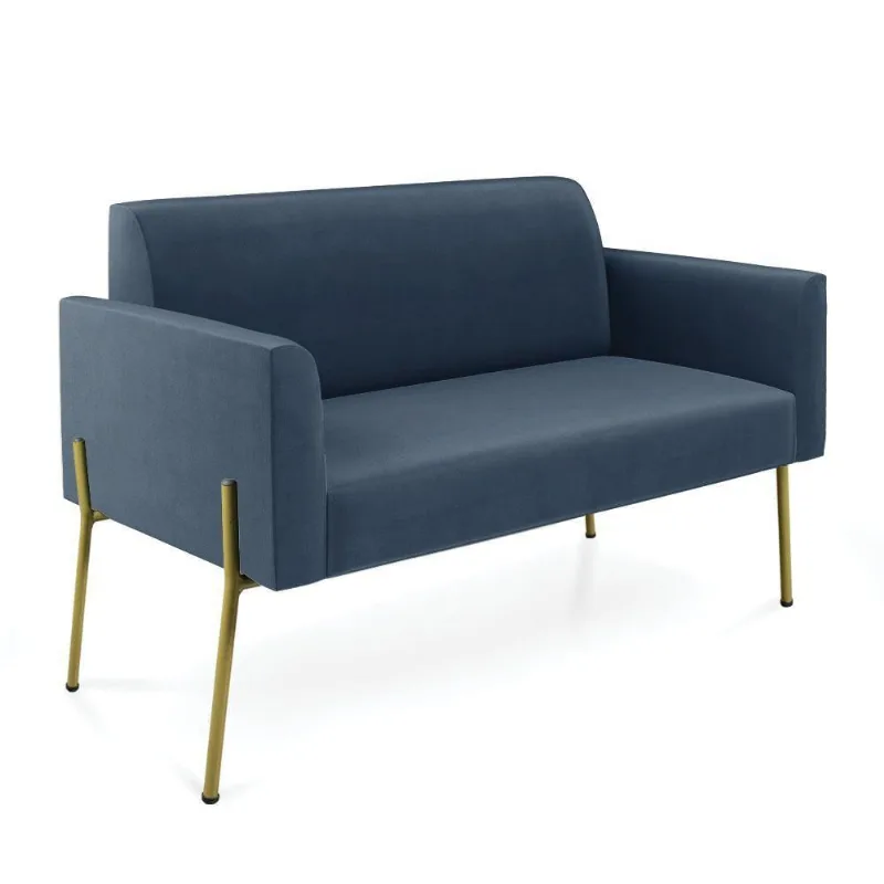 Sofá Namoradeira 2 Lugares Pé De Ferro Dourado Marisa Suede Azul Marinho D03