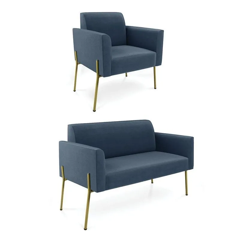 Sofá Namoradeira E Poltrona Pé De Ferro Dourado Marisa Suede D03 Azul Marinho
