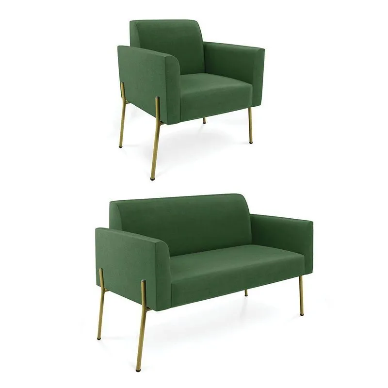 Sofá Namoradeira E Poltrona Pé De Ferro Dourado Marisa Suede Verde D03