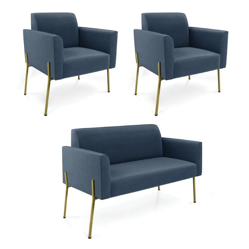 Sofá Namoradeira E 2 Poltronas Pé De Ferro Dourado Marisa Suede D03 Azul Marinho