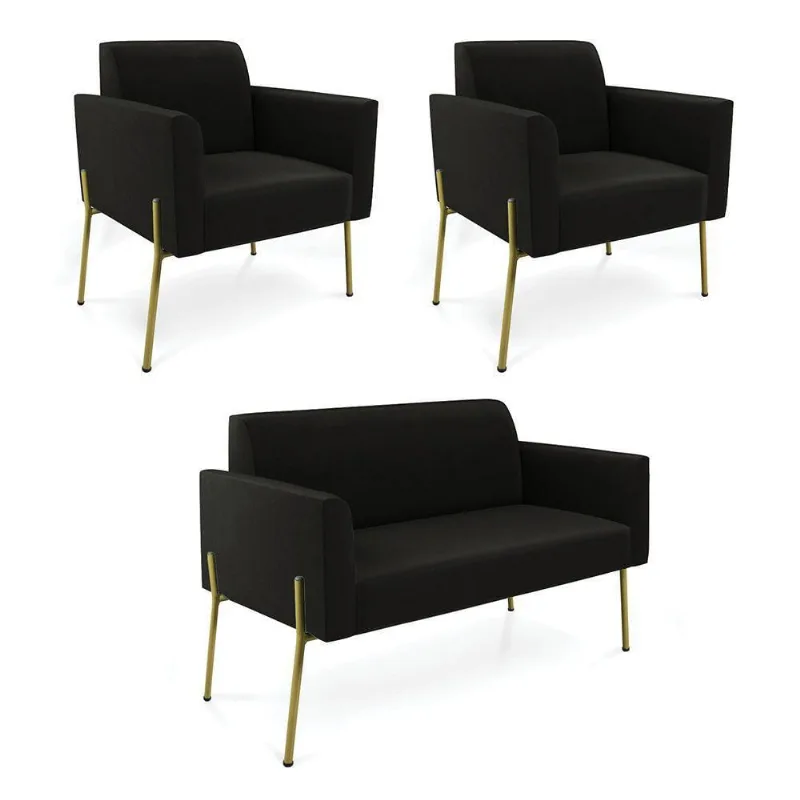 Sofá Namoradeira E 2 Poltronas Pé De Ferro Dourado Marisa Suede D03 Preto