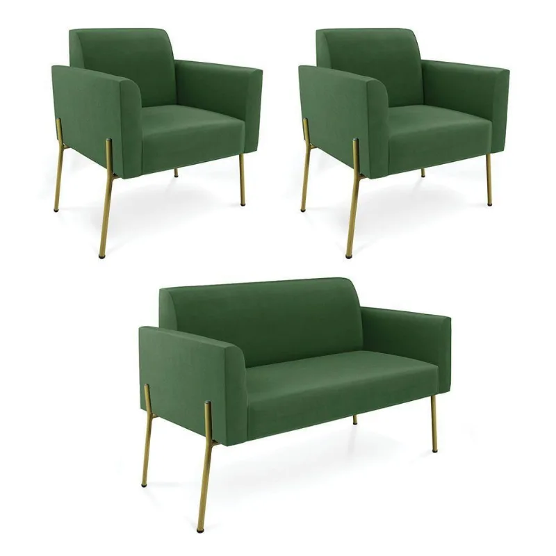 Sofá Namoradeira E 2 Poltronas Pé De Ferro Dourado Marisa Suede D03 Verde